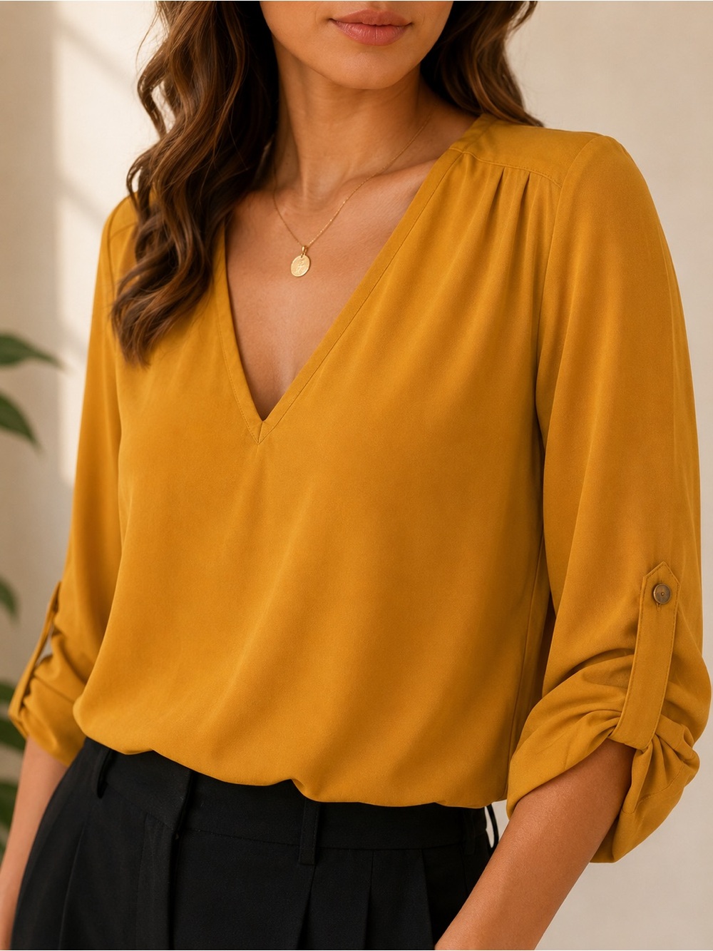 Zac & Rachel Mustard Gold V-Neck Roll Tab Sleeve Blouse M